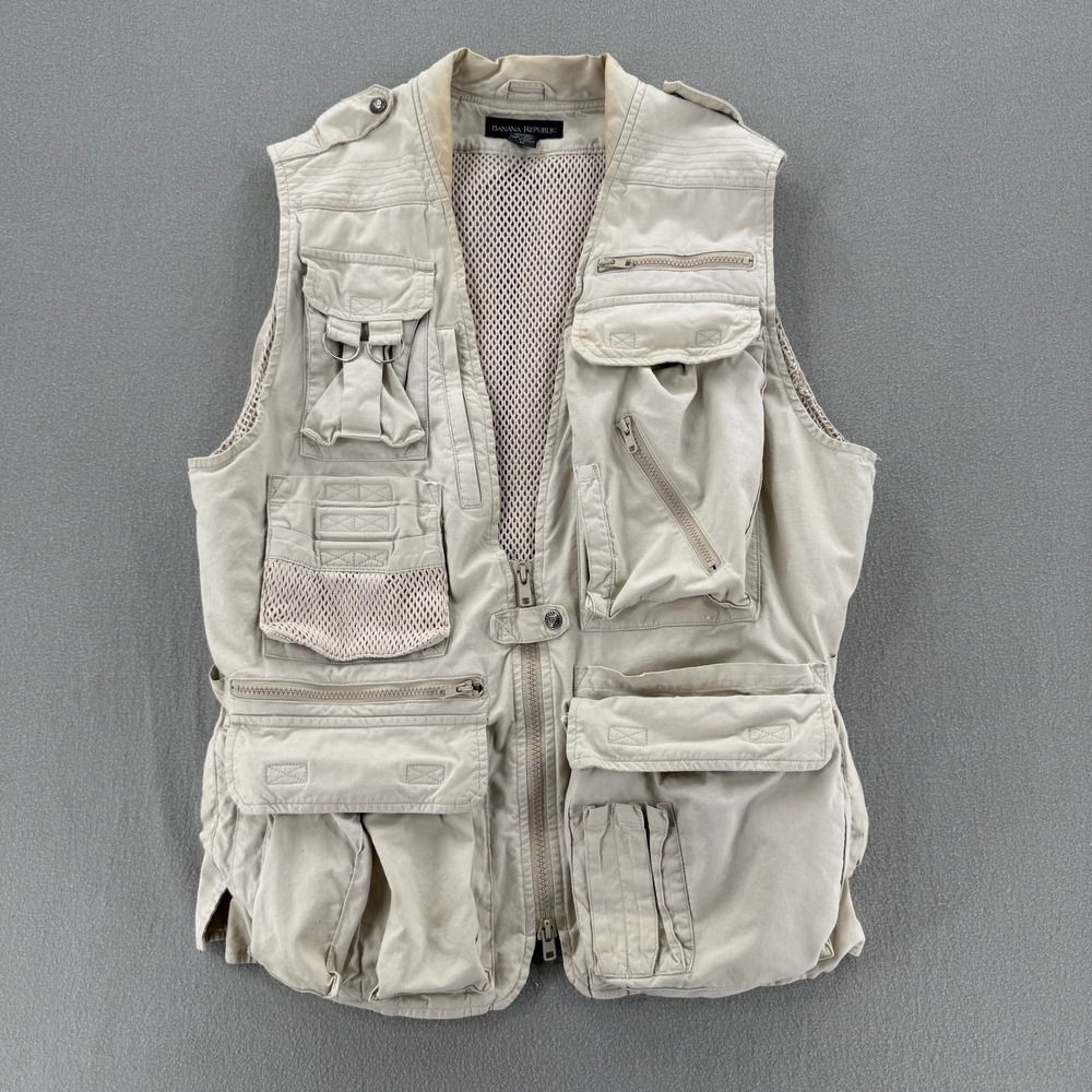 Vintage Banana Republic Safari Travel Vest Tan Multi-Pocket Utility Mens Medium